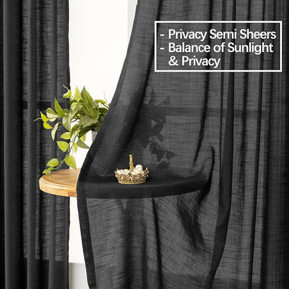 Black Curtains Semi Sheer 84 Inches Long, Linen Textured Light Filtering Drapes for Living Room Bedroom, Dark Moody Modern Farmhouse Window Decor, Pinch Pleat Curtain with Hooks