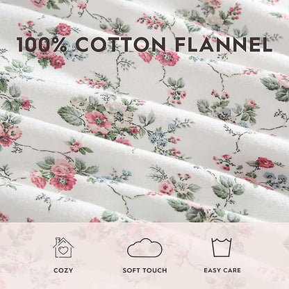 Laura Ashley - Flannel Sheets Twin Size, Anti-Pilling & Wrinkle Resistant Cotton, Touchably Soft for All-Season Comfort - Bed Sheets with Matching Pillowcase & Fitted Sheet (Le Fleur Pink)