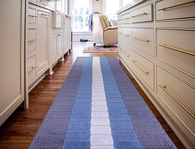 Custom Size Coastal Nautical Style Runner Rug Carpet for Hallway Entryway, Slip Resistant Latex Rubber Backed, 31 inch Wide X Customized Length, Squares Blue, 31 inch X 17 feet