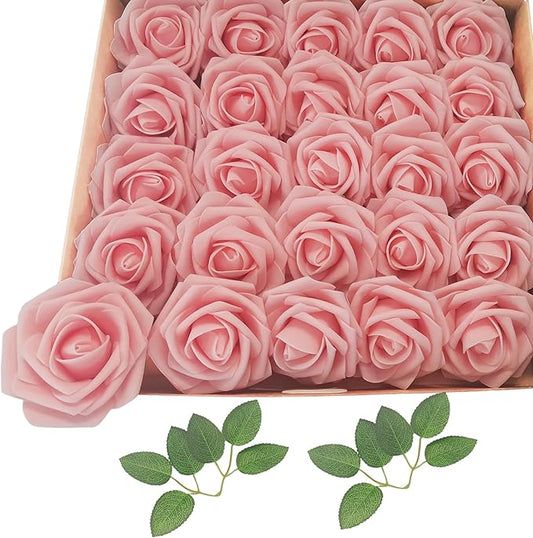 Artificial Flowers 25pcs Fake Roses, Peach Pink Foam Rose Faux Flower for DIY Wedding Bouquets Bridal Shower Centerpieces Floral Arrangements Home Decorations Party Backdrops Table