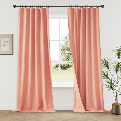KangBang Light Coral Full Blackout Curtains 72x108 Inches Long Light Blocking Thermal Insulated Back Tab Rod Pocket Curtains for Nursery Hall Large Windows, 2 Panels, Hook Belt Pleated Drapes, Salmon