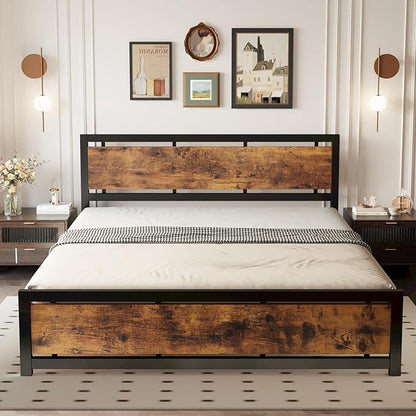 LIKIMIO California King Bed Frame with Headboard and Footboard, Metal Strong Supports, Easy Assembly, Noise-Free, No Box Spring Needed, Vintage Brown