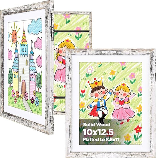 KINLINK 10x12.5 Kids Art Frames Set of 2, Solid Wood Kids Artwork Frames Changeable with Acrylic Front Opening Holds 150 Pictures, Art Frame for Kids Artwork with Mat or without Mat, Rustic White