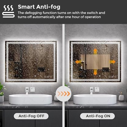 Koonmi 32x40 LED Bathroom Mirror, Backlit + Front Lit, LED Bathroom Mirror with Lights for Wall, 3 Colors, Anti-Fog, Dimmable Brightness, Memory Function, Tempered Glass