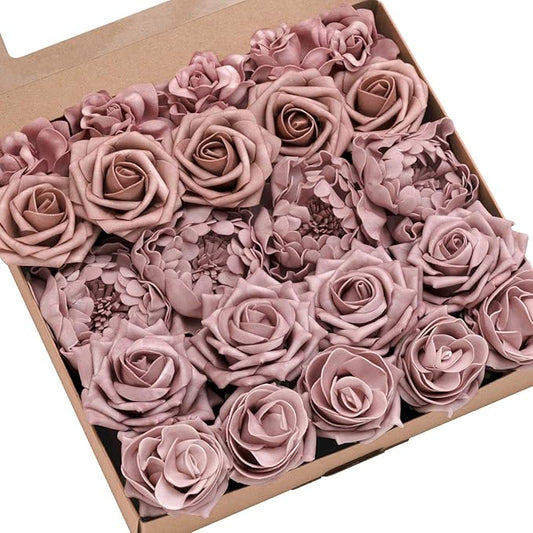 Ling's Moment Artificial Flowers Fake Roses Faux Foam Peonies Combo for DIY Wedding Bouquets Centerpieces Arrangements Bridal Shower Party Home Decorations, Dusty Rose, 23pcs