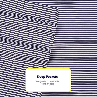 Queen Sheets Stripe Navy - 6 Piece 1500 Supreme Collection Fine Brushed Microfiber Deep Pocket Queen Sheet Set Bedding - 2 Extra Pillow Cases, Great Value, Queen, Classic Stripe Navy