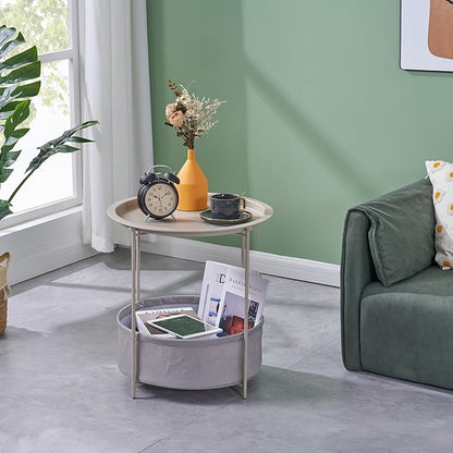 VECELO Round Side/End Table with Fabric Storage Basket，Metal Anti-Rust and Waterproof Small Bedside Nightstand with Removable Tray Top for Living Room，Balcony & Laundry，Grey /1pcs with Basket