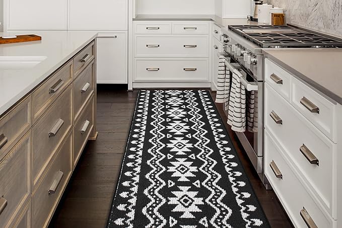 Custom Length Cut to Size Tribal Ethnic Southwestern Inspired Hallway Runner Rug, Non Slip Rubber Backed, 31 inch Wide X Customized Length, Aztec Black, 31 inch X 24 feet
