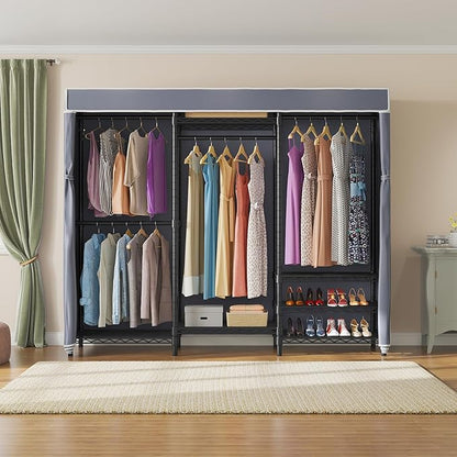 VIPEK V5C Portable Clothes Closet Wardrobe Bedroom Armoires Heavy Duty Covered Clothes Rack, Black Metal Clothing Rack with Grey Oxford Fabric Cover, Adjustable Custom Closet Rack 70.1"Lx17.3"Wx76.4"H
