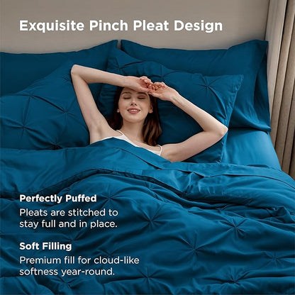 Bedsure California King Comforter Set Teal - Bed in a Bag Cal King Bedding Set 7 Pieces, GentleSoft™ Pintuck Bed Set Gift for Family, Pinch Pleat Teal Comforter with Sheets, Pillowcases & Shams