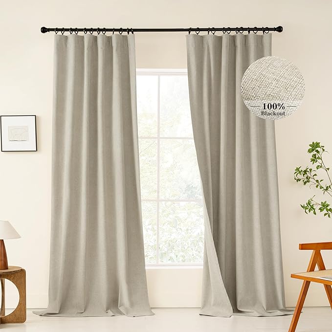 KangBang 100% Black Out Linen Curtains 96 Inches Long for Bedroom, Thermal Insulated Back Tab Drapes for Living Room Dining, Room Darkening Vertical Curtains & Drapes 2 Panels, 52x96 Inch