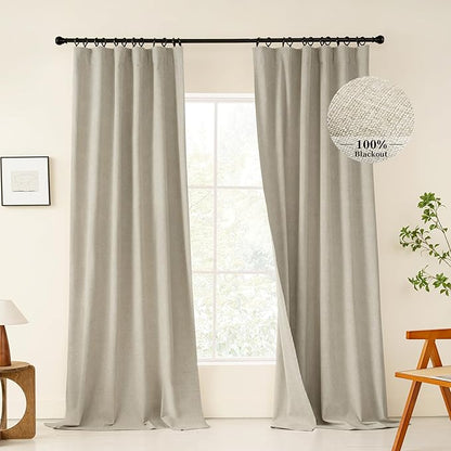 KangBang 100% Black Out Linen Curtains 96 Inches Long for Bedroom, Thermal Insulated Back Tab Drapes for Living Room Dining, Room Darkening Vertical Curtains & Drapes 2 Panels, 52x96 Inch