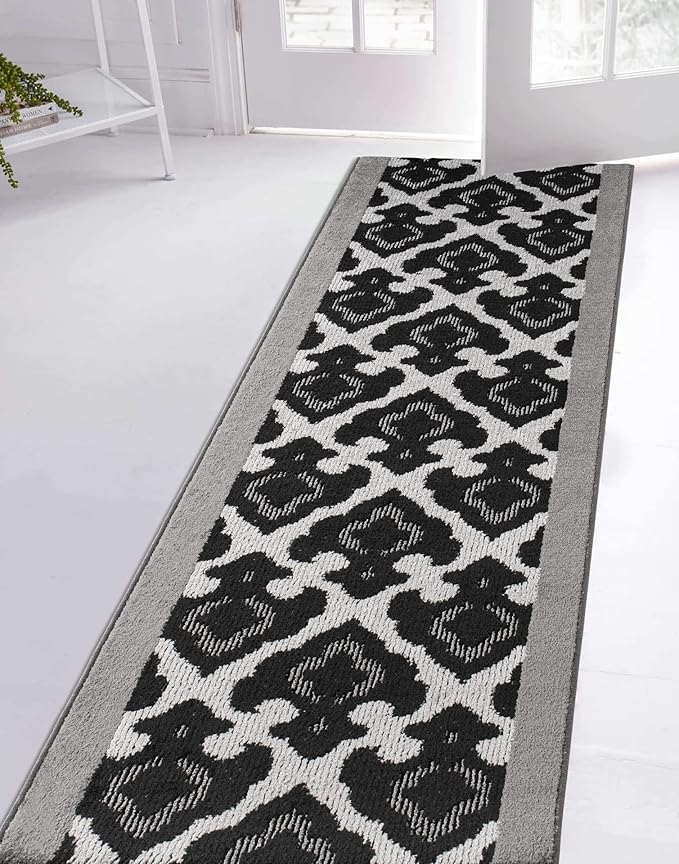 Custom Length Cut to Size Fleur de Lis Inspired Carpet Runner Rug for Hallways, Non Slip Rubber Backed, 31 inch Wide X Customized Length, Royal Grey, 31 inch X 10 feet