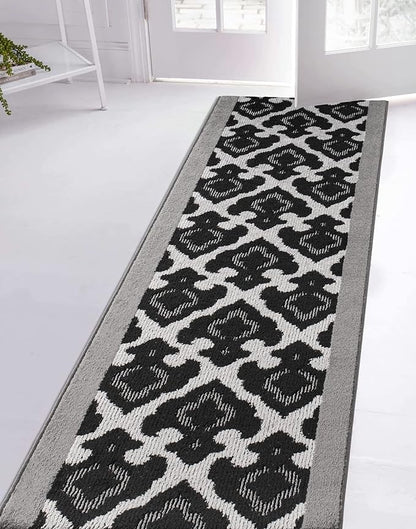 Custom Length Cut to Size Fleur de Lis Inspired Carpet Runner Rug for Hallways, Non Slip Rubber Backed, 31 inch Wide X Customized Length, Royal Grey, 31 inch X 4 feet, Doormat Size