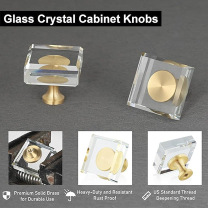 QOGRISUN 10-Pack Brass Crystal Cabinet Knobs,Glass Crystal Gold Drawer Knobs,1-1/8-Inch Square,Decorative Dresser Pulls, Modern Cabinet Hardware