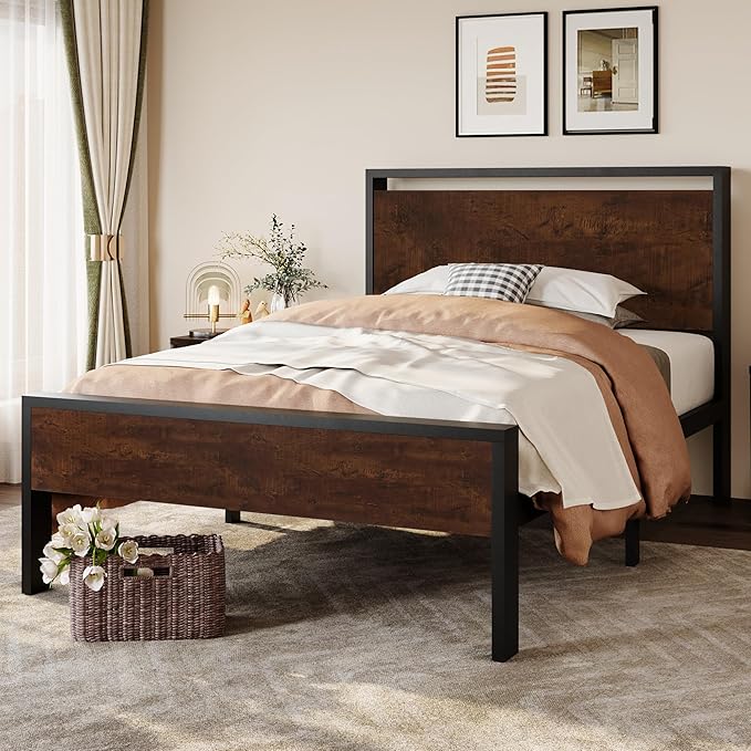 SHA CERLIN 14 Inch Twin Size Metal Platform Bed Frame with Wooden Headboard and Footboard, Mattress Foundation, No Box Spring Needed, Large Under Bed Storage, Heavy Duty Slats Support, Mahogany