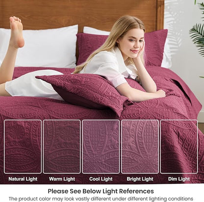 Love's cabin Quilts for Full Bed Burgundy Bedspreads Bedding Set - Lightweight Bedspread Comforter - Coin Pattern Bedding Coverlet for All Season - 3 Pieces (1 Quilt, 2 Pillow Shams)