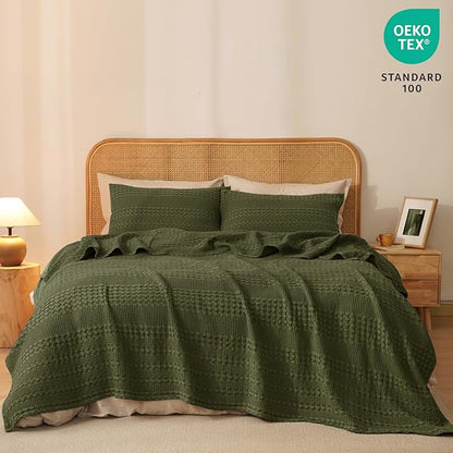 PHF 100% Cotton Waffle Weave Blanket Queen Size for Bed, Soft Lightweight & Breathable, All-Season Comfort, Luxury Aesthetic Woven Bedding for Home Decor, 90"x90", Capulet Olive