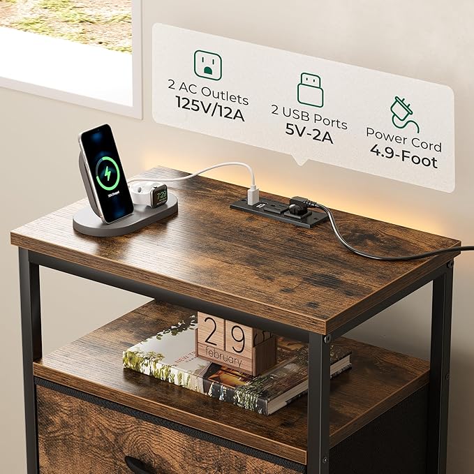 Huuger 5 Drawers Dresser with Charging Station, Dresser for Bedroom, Tall Night Stand, Chest of Drawers with Open Shelf, Bedside Table Nightstand, Fabric, for Entryway, Rustic Brown