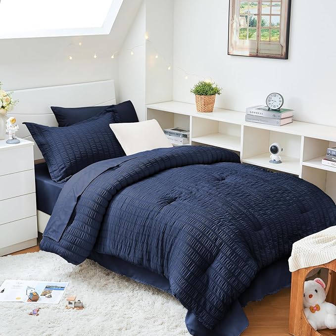 HYMOKEGE Navy Blue Twin XL Comforter Set Seersucker 5 Pieces, All Season Luxury Bed in a Bag for Bedroom, Bedding Set with Comforter, Sheets, Pillowcase & Sham