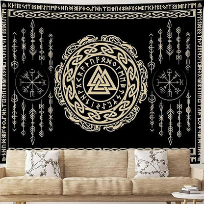 OSUNBD Nordic Viking Tapestry Wall Hanging - Large 84x90 inches Soft Flannel with Valknut, Celtic Runes & Norse Mythology Scandinavian for Bedroom, Living Room Decor