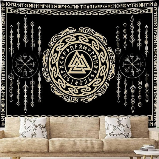 OSUNBD Nordic Viking Tapestry Wall Hanging - Large 100x90 inches Soft Flannel with Valknut, Celtic Runes & Norse Mythology Scandinavian for Bedroom, Living Room Decor