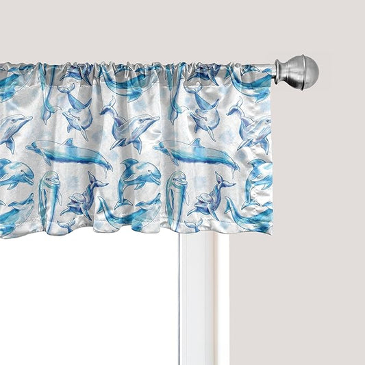 Ambesonne Sea Animals Window Valance Pack of 2, Sketch of Bottlenose Dolphins Playing Laughing in The Ocean Sea Life Print, Rod Pocket Curtain Valances for Kitchen Bedroom, 42" X 12", Turquoise White