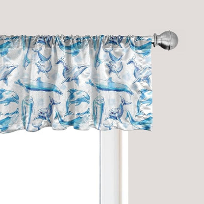 Ambesonne Sea Animals Window Valance Pack of 2, Sketch of Bottlenose Dolphins Playing Laughing in The Ocean Sea Life Print, Rod Pocket Curtain Valances for Kitchen Bedroom, 42" X 18", Turquoise White