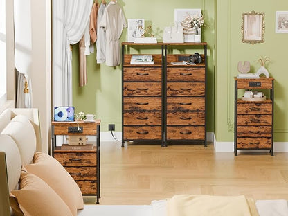 Furnulem 5 Drawers Dresser with Charging Station, Tall Night Stand with Storage Shelf, Fabric Chest of Drawers, Bedside Table for Closet, Entryway, Bedroom Furniture, 3 Ways to Use, Rustic Brown
