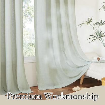RYB HOME Privacy Semi Sheer Linen Curtains Extra Wide Curtains 108" Length, Rod Pocket Linen Blend Elegant Light Filtering Privacy Protected Panels for Farmhouse/Living Room, Sage, 52" W, 2 Panels
