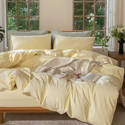 MooMee Bedding Duvet Cover Set 100% Washed Cotton Linen Like Textured Breathable Durable Soft Comfy (Heathered Butter Yellow, Super Queen 90"x98")