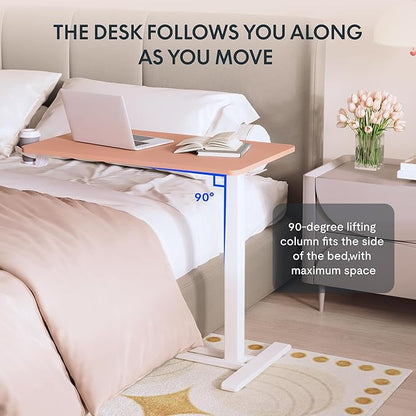 FLEXISPOT H7 Adjustable Overbed Bedside Table with Wheels Pneumatic Mobile Standing Desk Laptop Desk Rolling Computer Cart Movable Overbed Table Hospital Home Use(31.5" W x 17.7" D, Pink)