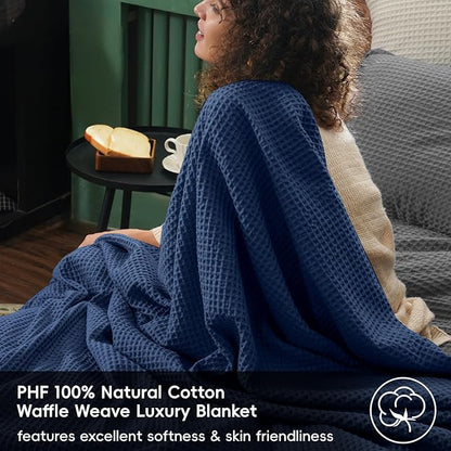 PHF 100% Cotton Waffle Weave Family Blanket,Oversized King Size 120"x 120"-Pre-Washed Snag Proof Lightweight Breathable, 10'x 10' Huge Extra Large Big,Home Decoration Gift-Navy Blue/Bright Blue