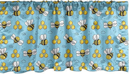 Ambesonne Cartoon Window Valance, Summer Style Funny Demonstration of Happy Flying Characters and Hexagon Comb, Curtain Valance for Kitchen Bedroom Decor with Rod Pocket, 54" X 12", Sky Blue Mustard
