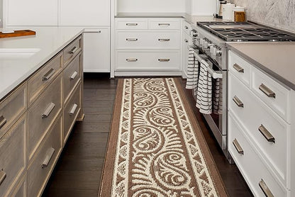 Custom Length Cut to Size Tribal Ethnic Southwestern Inspired Hallway Runner Rug, Non Slip Rubber Backed, 31 inch Wide X Customized Length, Mayan Brown, 31 inch X 10 feet