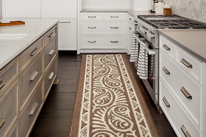 Custom Length Cut to Size Tribal Ethnic Southwestern Inspired Hallway Runner Rug, Non Slip Rubber Backed, 31 inch Wide X Customized Length, Mayan Brown, 31 inch X 18 feet