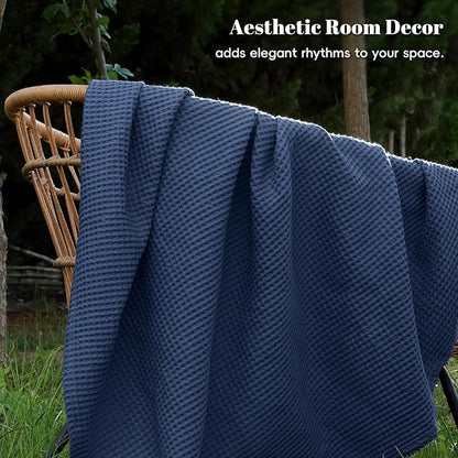 PHF 100% Cotton Waffle Weave Blanket Twin Size for Bed,Snag Proof Lightweight Breathable Throw for Couch,Machine Washable,Great for Layering in Cold Weather,Home Decor Gift-Navy Blue/Bright Blue