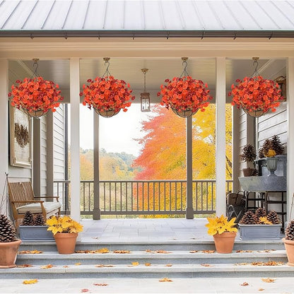 Artificial Hanging Flowers Plants Basket for Outdoors Fall Decorations, 12 Pcs UV Resistant Faux Morning Glory Fake Petunias with Hanging Planter for Home Porch Balcony Decor (Orange Red)
