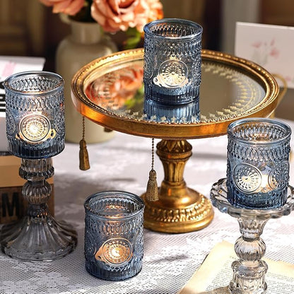 DARJEN Blue Votive Candle Holders Set of 36- Glass Candle Holders Bulk for Tea Light Candle, Embossed Candle Votives for Wedding Centerpiece, Living Room & Home Table Decor