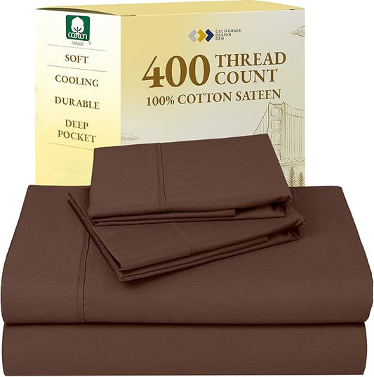 California Design Den Queen Sheet Set - Soft 400 Thread Count Sateen, Natural 100% Cotton Sheets for Queen Size Bed with Deep Pockets, Cooling and Durable Bedding Set - Espresso Chocolate Brown