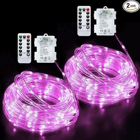 JMEXSUSS 2 Pack Pink Battery Operated Lights Outdoor Waterproof, Each 33ft 100 LED Rope Lights Battery Powered String Lights, 8 Modes Pink Fairy Lights for Valentines Party Garden Decoration
