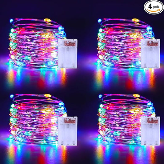 Christmas Multicolor Fairy Lights Battery Operated 4 Pack 16.4Ft 50 LEDs Silver Copper Wire Twinkle Lights for Halloween Bedroom Indoor Outdoor Wedding Dorm Parties Holiday Yard Decorations