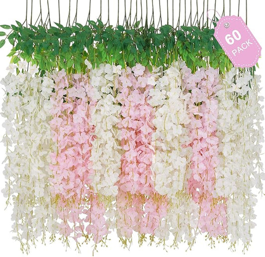 60 Pack White Pink Wisteria Hanging Flowers, Fake Hanging Flowers for Decoration, Artificial Flowers,Vines for Bedroom,Flower Garland for Home,Party,Garden, Wall,Wedding Decoration(3.6 Ft/Pcs)