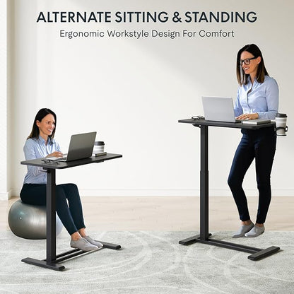 FLEXISPOT H7 Adjustable Overbed Bedside Table with Wheels Pneumatic Mobile Standing Desk Laptop Desk Rolling Computer Cart Movable Overbed Tables Hospital Home Use(27.6" W x 15.7" D, Black Table)