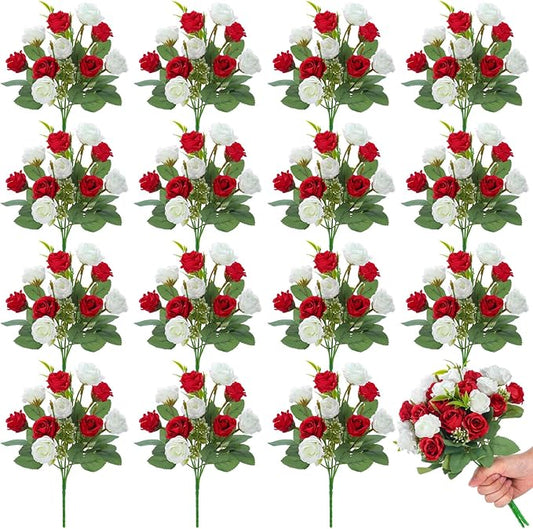 Zeyune 16 Bunches 12 Inch Artificial Mini Rose Bouquet 160 Heads Bridal Flower Bouquets Fake Silk Rose Bulk for Wedding Bridal Shower Christmas Home Office Garden Decoration(White and Red)