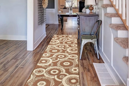 Custom Length Cut to Size Modern Farmhouse Carpet Runner Rug for Hallways, Non Slip Rubber Backed, 31 inch Wide X Customized Length, Geo Brown, 31 inch X 3 feet, Doormat Size