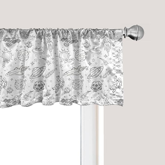 Ambesonne Cartoon Window Valance, Doodle Solar System Astronauts Space Crafts Shooting Stars Science Fiction Theme, Curtain Valance for Kitchen Bedroom Decor with Rod Pocket, 54" X 12", White Black