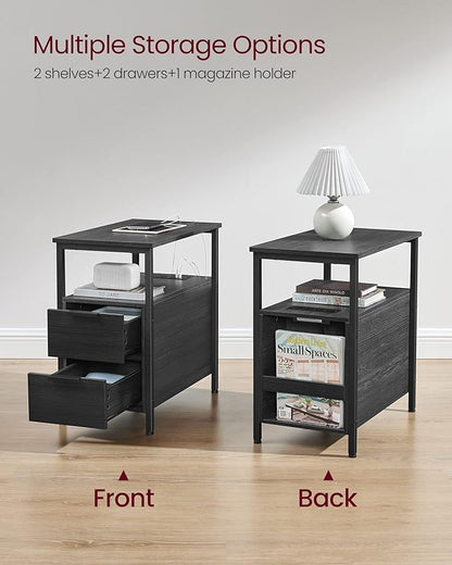 VASAGLE Side End Table with Charging Station, Slim Nightstand with 2 Drawers, Narrow Bedside Table for Living Room, Small Spaces, Charcoal Gray and Ink Black ULET321B22