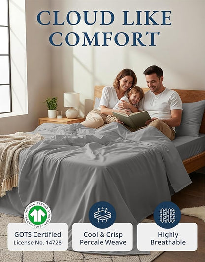 LANE LINEN 100% Organic Cotton Eco Friendly Full Size Sheet & Pillowcase Sets, 15" Deep Pocket Fully Elasticized Soft & Comfy Percale Bedding, Naturally Temperature Regulating Sheets Full- Silver