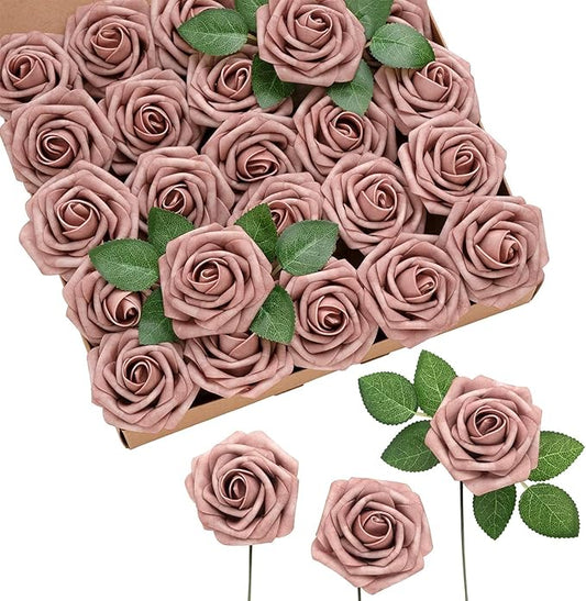 Ling's moment Artificial Flowers 25Pcs Dusty Rose Roses Decor w/Stems,3" Real Touch DIY Foam Floral for Wedding Bouquet/Centerpieces, Outdoors Party Backdrop, Room/Table, and Garden/Pot Decorations